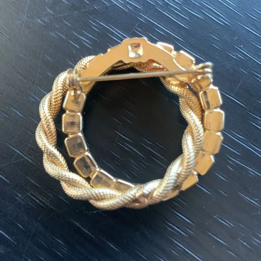 Vintage Pink Gold Rhinestone Wreath Brooch Pin